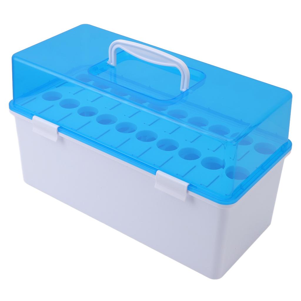 Коробка для хранения пробирок с переносной ручкой и пыленепроницаемой крышкой. Вмещает 20 держателей для пробирок.