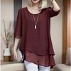 Loose Plus Size Round Neck Top for Summer Wear with Five Quarter Sleeves and Fake Two Mid Length Chiffon Women's Blouses & Shirts