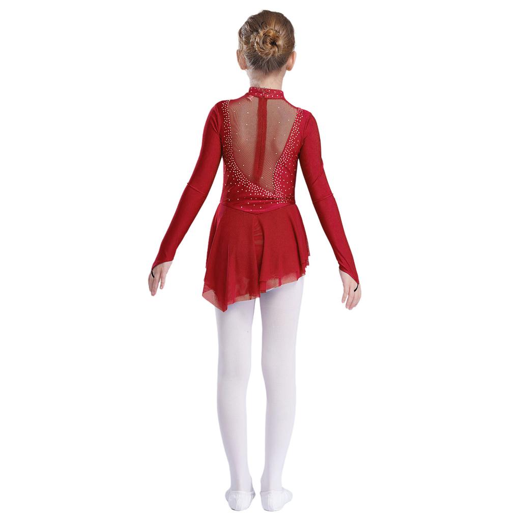Kid Girls Figure Ice Skating Dress Long Sleeve Irregular Hem Leotard Dress Stage Performance Costume