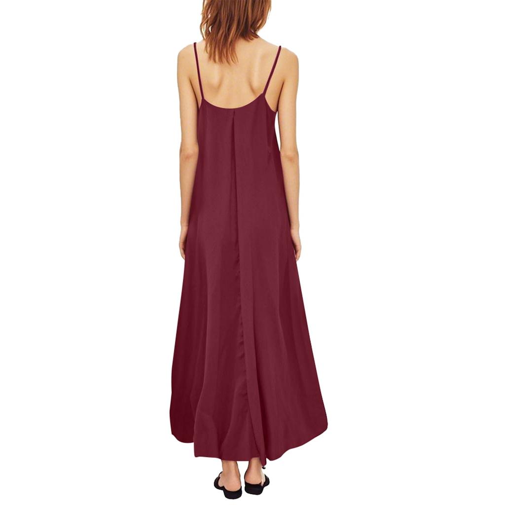 Women's Fashion Loose With Pockets Sleeveless Spaghetti Straps Solid Color Long Dresses