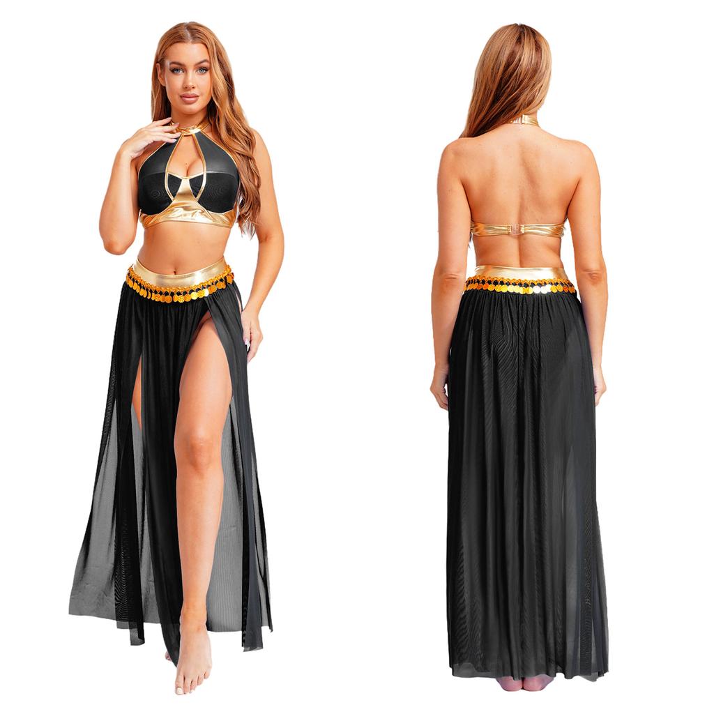 Women's Sequin Tassel Belly Dance Set - Halter Backless Crop Top & Split Mesh Skirt for Halloween