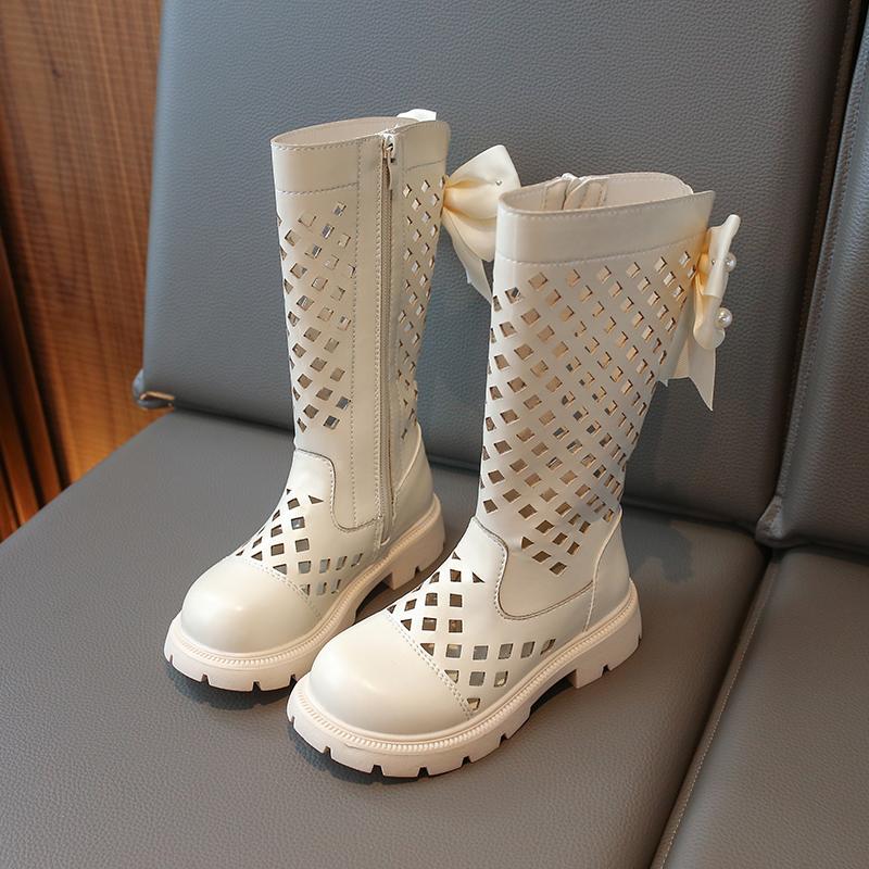 Детские полые сапоги для девочек, летние высокие сапоги, модные детские сапоги для принцессы с узлом-бабочкой, нескользящие, британский стиль