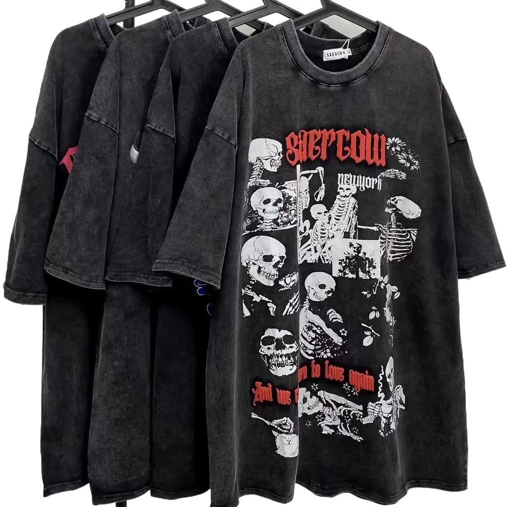 Y2K Vintage Gothic Skull Graphic Print Футболка женская свободного покроя из чистого хлопка с коротким рукавом, уличная женская укороченная футболка