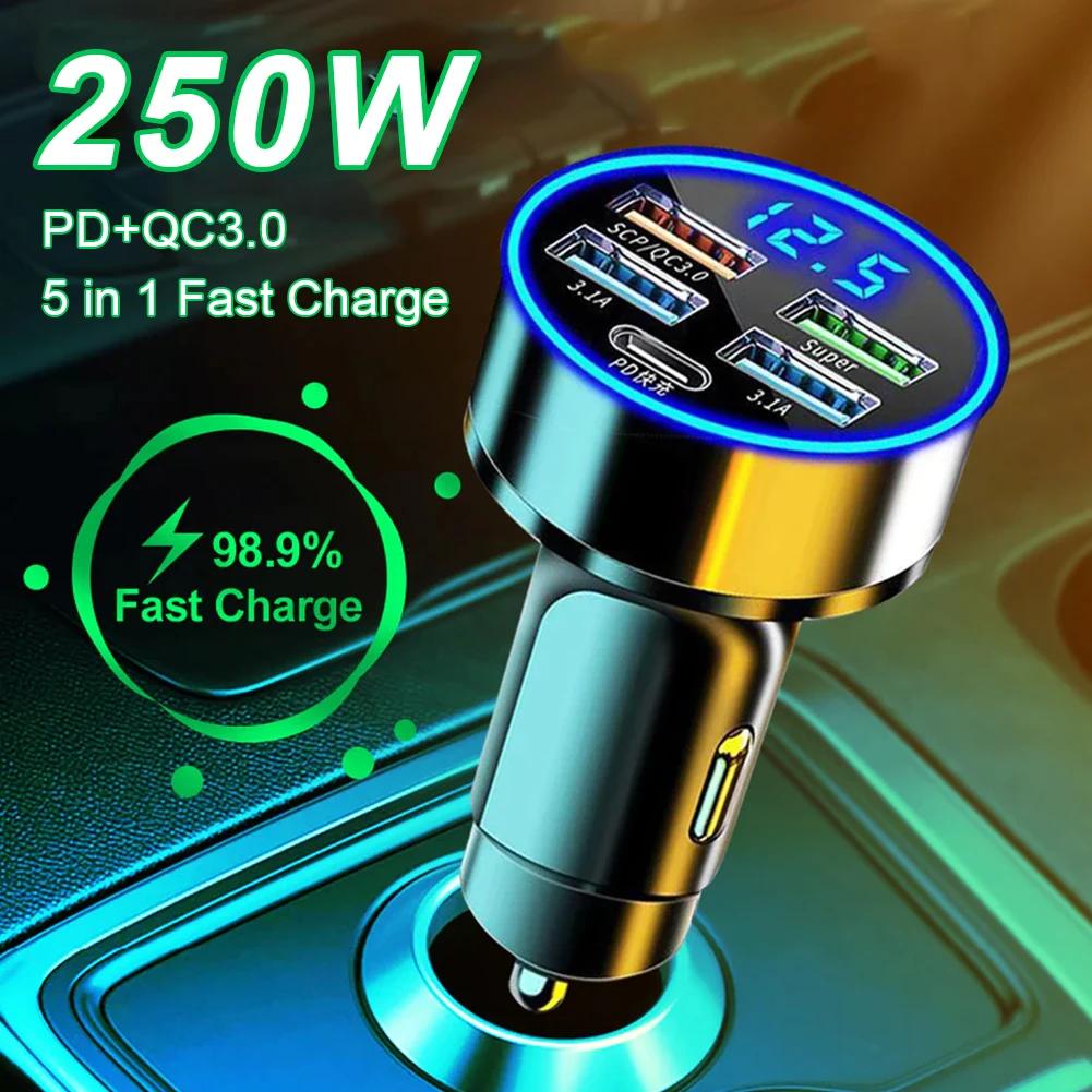 250W Car Charger QC3.0 PD Fast Charging with LED Display, 5-Port USB Car Adapter Compatible with iPhone & Android