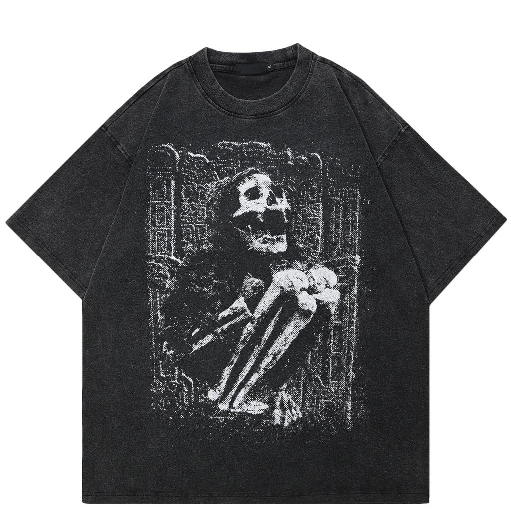 2024 Streetwear Skeleton Girl Graphic Unisex T-Shirt Cotton Washed Black Tshirt Unisex Tops Tees Summer Short Sleeves T Shirt