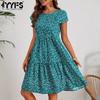 Женская мода лето весна цветочный узор принт с коротким рукавом и круглым вырезом с высокой талией повседневные платья