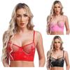 Womens Mesh Underwire Push Up Bra Balconette Bustier Wet Look Crop Top Back Zipper Lingerie