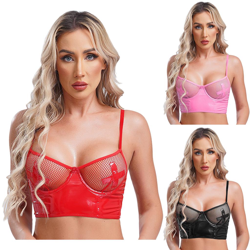 Womens Mesh Underwire Push Up Bra Balconette Bustier Wet Look Crop Top Back Zipper Lingerie