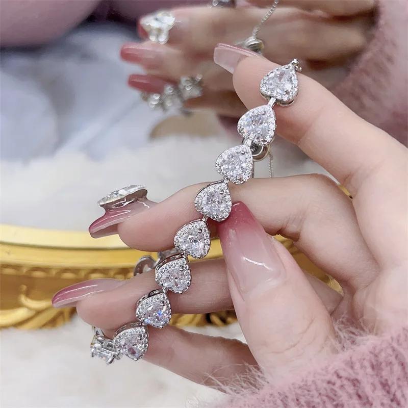 Fashion White Pink Heart Women Silver Bracelets Bangles for Girl Shinny Cut CZ Bridal Adjustable Bracelet Party Jewelry