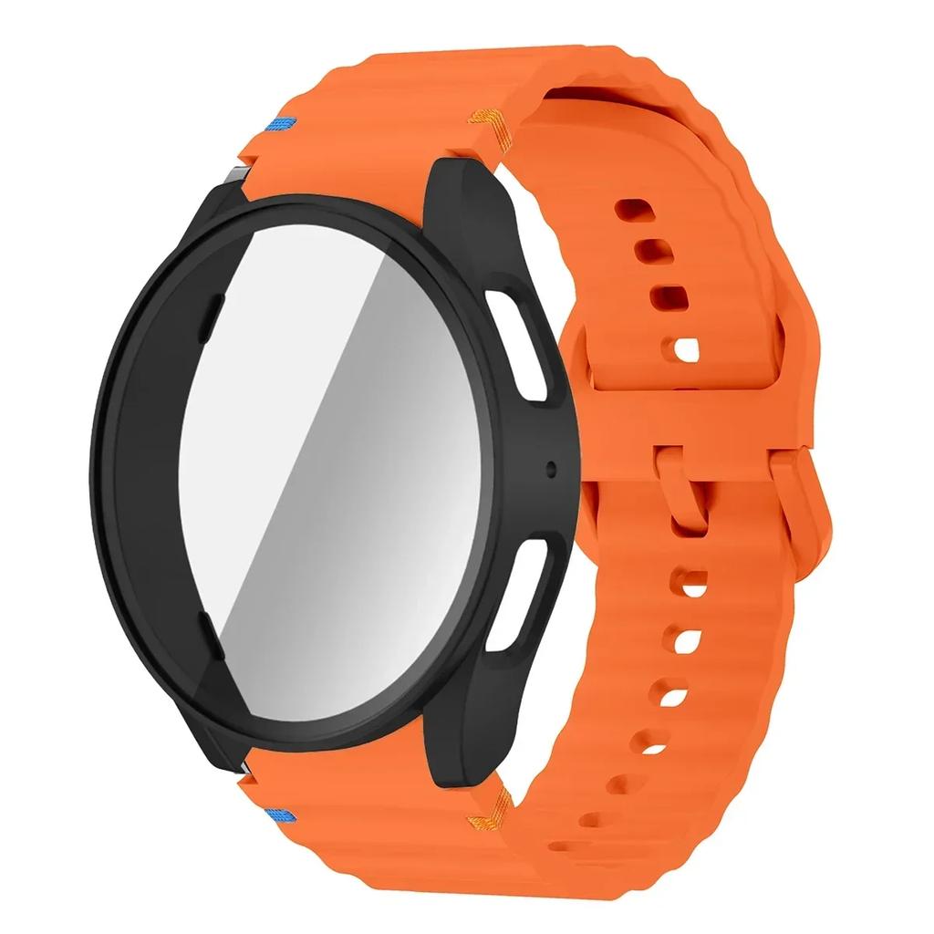 Чехол+Ремешок для Samsung Galaxy Watch 7 6 5 4 40мм 44мм Силиконовый Браслет Защитная Пленка для Экрана из Закаленного Стекла Бампер