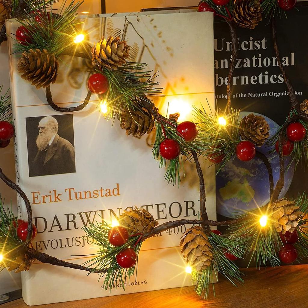 Dazzle Bright Pine Cone Christmas String Lights, Total 6.5FT 20LED Battery Operated Christmas Garland with 8 Modes, Red Berry Pine Cone Fairy String