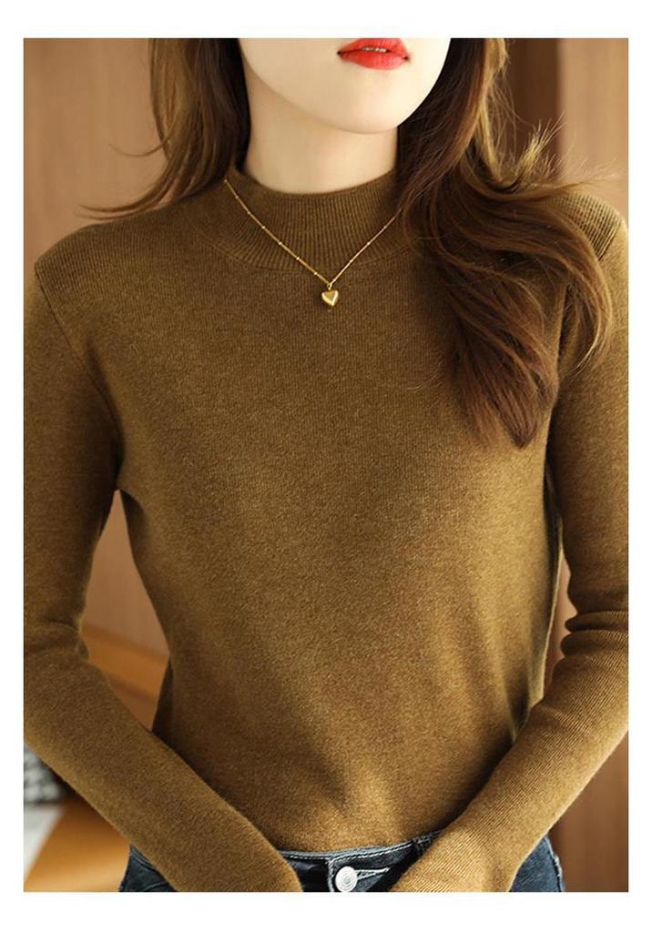Women's Black Wool Semi-High Neck Base Layer Sweater - Soft, Comfortable, Slimming Fit for Autumn/Winter.