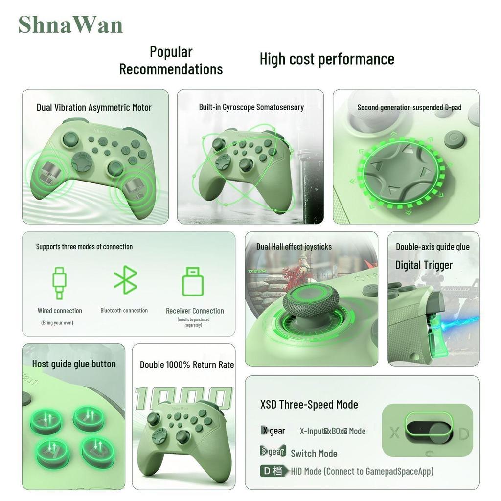 Беспроводной Bluetooth игровой контроллер Shanwan 2-го поколения с джойстиком на эффекте Холла и шестиосевым гироскопом для ПК и Switch, три режима