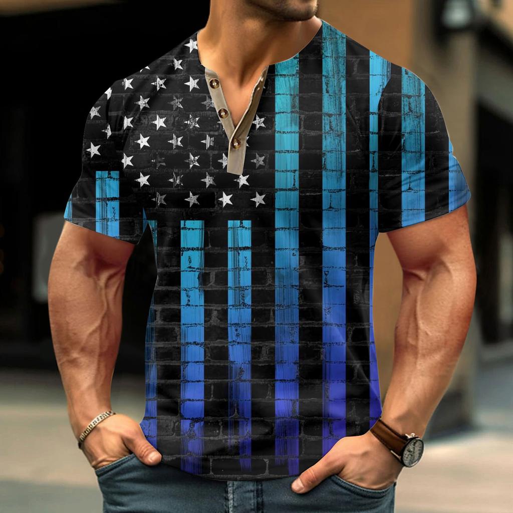 Винтажная летняя мужская футболка, уличная одежда, 3 пуговицы, свободная одежда, футболка с коротким рукавом и принтом