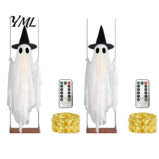 Decorative Ghost for Front Porch Luminous Halloween Hanging Swing with Witch Hat, Remote-controlled Adjustable Creepy Ornaments Brightness,