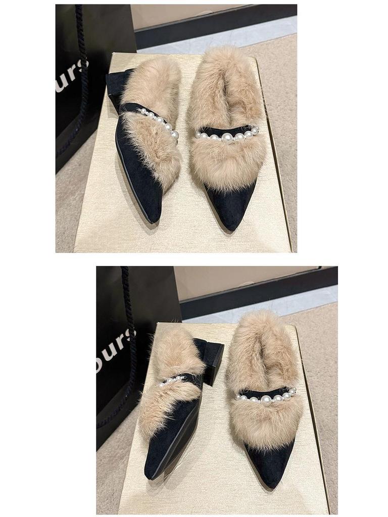 Женские замшевые туфли на массивном каблуке с острым носком, с низким вырезом, пушистые хлопковые туфли для осени/зимы