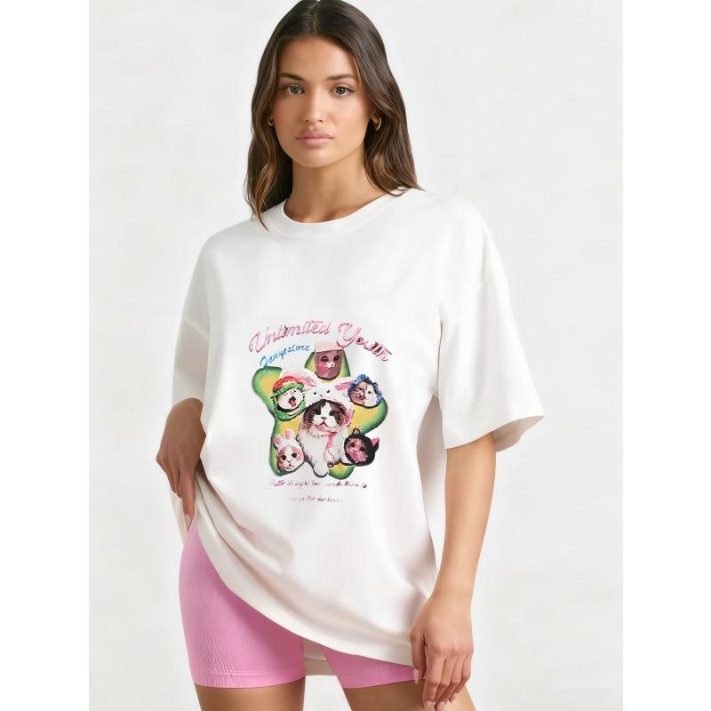 Футболка оверсайз черная с графическим принтом Unlimited Youth с милыми животными и текстовым дизайном для повседневной носки и уличного стиля