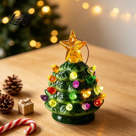 Cozy Christmas Party Supplies Tree Ornament Glowing Retro Resin Tabletop Decor with Star Festive Figurines Topper Vintage Xmas Trees Night Light for