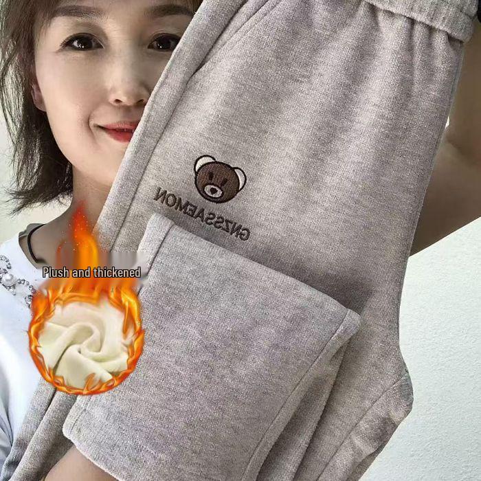 Вышивка «Маленький медведь», гаремные брюки с высокой посадкой и флисовой подкладкой - Облегающие, повседневные, осень/зима 2025