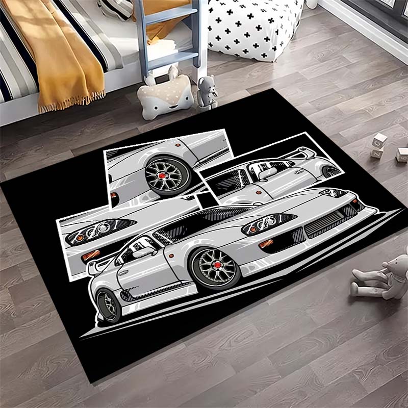 Белый ковер с принтом-коллажем из комиксов JDM Sport Car, нескользящий прямоугольный коврик для пола, декор для вентилятора автомобиля для игровой комнаты, гостиной, спальни