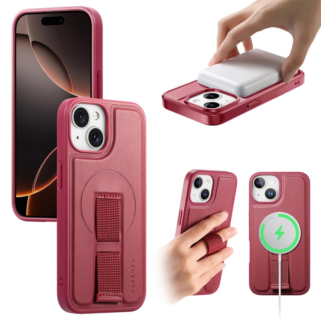 For iPhone 14/iPhone 13 6.1 inch Magnetic Case CASENEO Wristband PU Leather+PC Shockproof Phone Cover