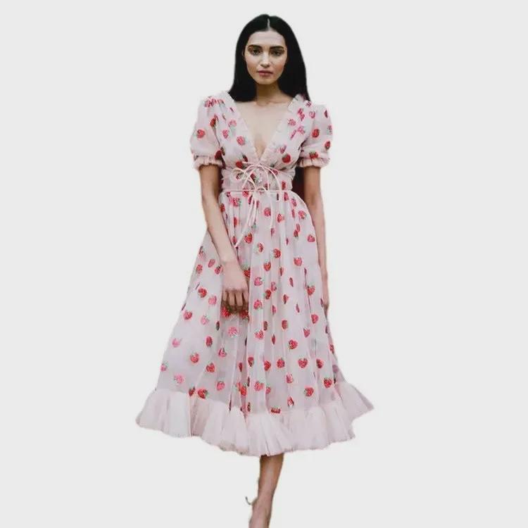 2025 Европейско-американское двухцветное платье-сетка с плиссировкой цвета французской клубники, расшитое пайетками