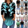 3/4 Length Sleeve Womens Tops Summer T-Shirts Floral Print V Neck Casual Basic Tee Button Shirts Tunic Tops