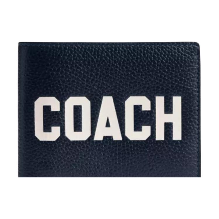 Coach Кошелек 3 в 1 с принтом логотипа-буквы, двойного сложения, из полированной кожи с текстурой гальки, мужской кошелек, темно-синий CP279-DNA