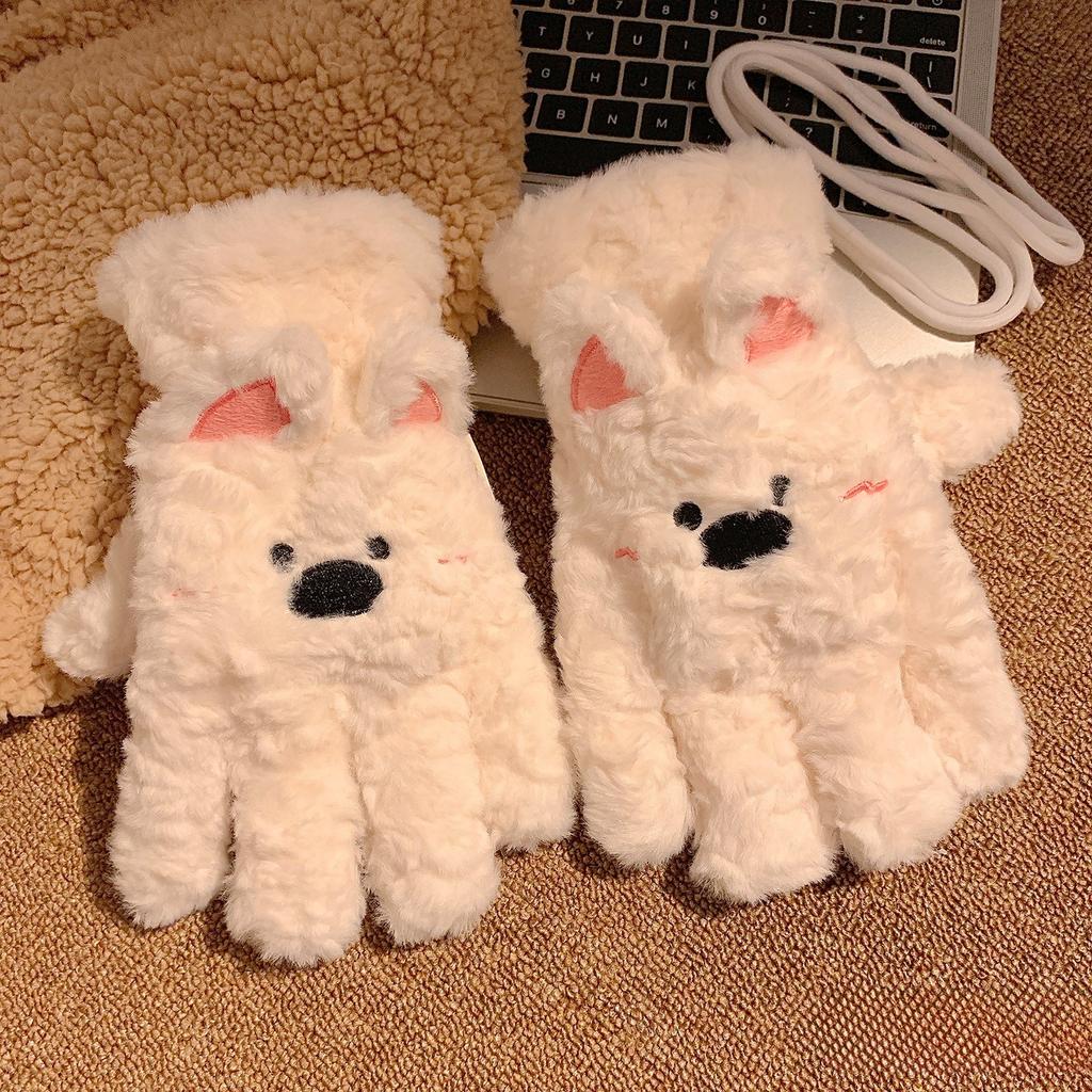 Cute West Highland Plush Flip Fingerless Touch Screen Gloves for Women Winter Warmth Student Writing and Antifreeze New Style