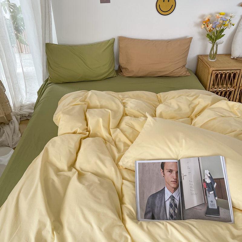 Princess Style Simple Solid Color Bed Four-piece Nude Sleeping Washed Cotton Student Dormitory Quilt Cover Sheet Set