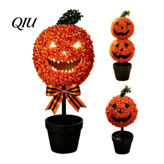 Artificial Pumpkin Topiary Tree Tree, Halloween Face Faux Boxwood Plants with Stake, Seasonal Front Porch Decor Fall Autumn Thanksgiving for Door