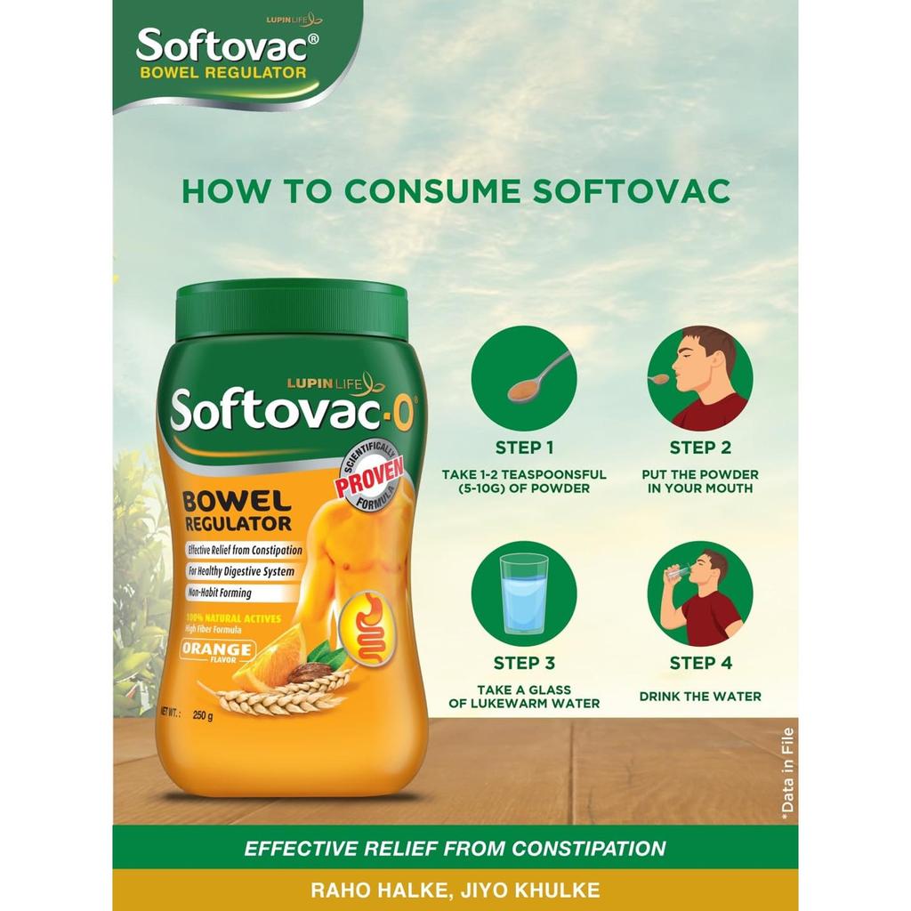 Softovac-O Isabgol Bowel Regulator Powder Orange Flavour 250 G Natural Digestive Support Constipation Relief Gas and Bloating Aid for Adults