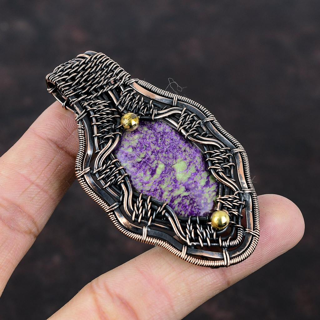 Пурпуритовый кулон, обернутый медной проволокой, кулон с драгоценным камнем, совершенно новый кулон, медная проволока, ювелирное изделие, подарок для женщин, антикварный кулон ручной работы