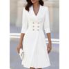 2026 Womens Double-Breasted Blazer Dress 7/8 Sleeve Waist-Cinched Asymmetrical Pleated Midi Office Chic