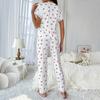 Women's Cherry Print Pajama Set Short Sleeve Button Front Top Long Pants Sleepwear Set Lace