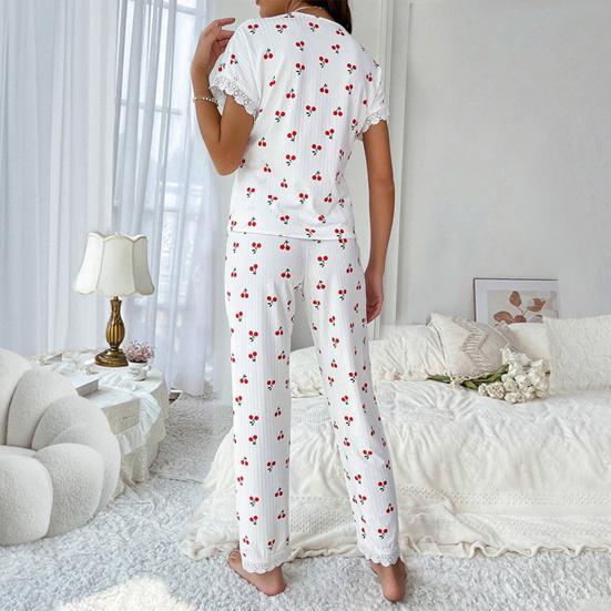 Women's Cherry Print Pajama Set Short Sleeve Button Front Top Long Pants Sleepwear Set Lace