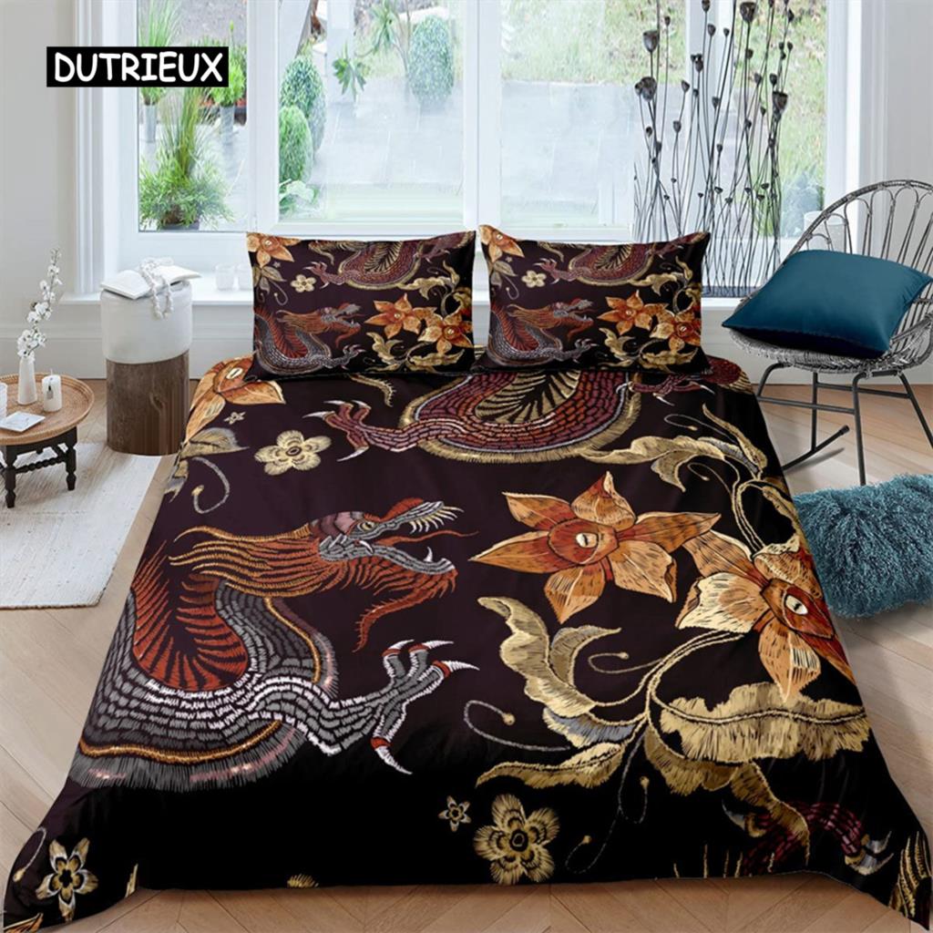 Комплект пододеяльника Красный Огненный Дракон Культура Китайского Дракона Сказочные Постельные Комплекты Микрофибра Для Детей Женщин Мужчин Декор Спальни