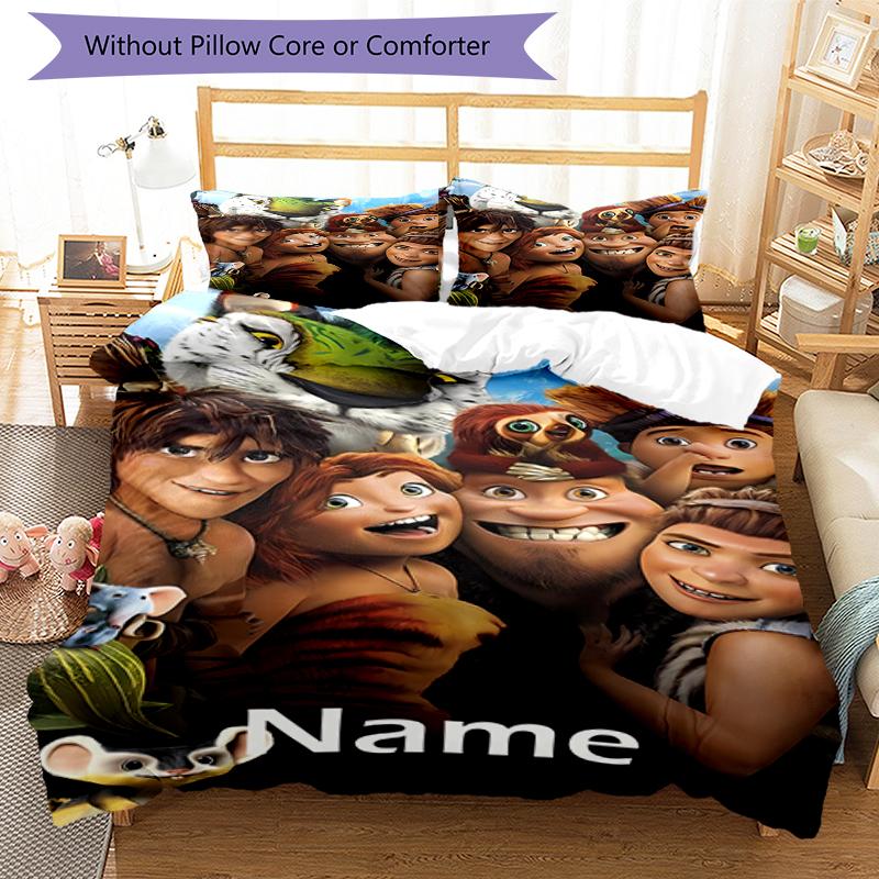 3pcs Custom Name The Croods Bedding Set Duvet Cover Closure Includes 1 Duvet Cover & 2 Pillowcases, Soft and Comfortable for All Seasons.