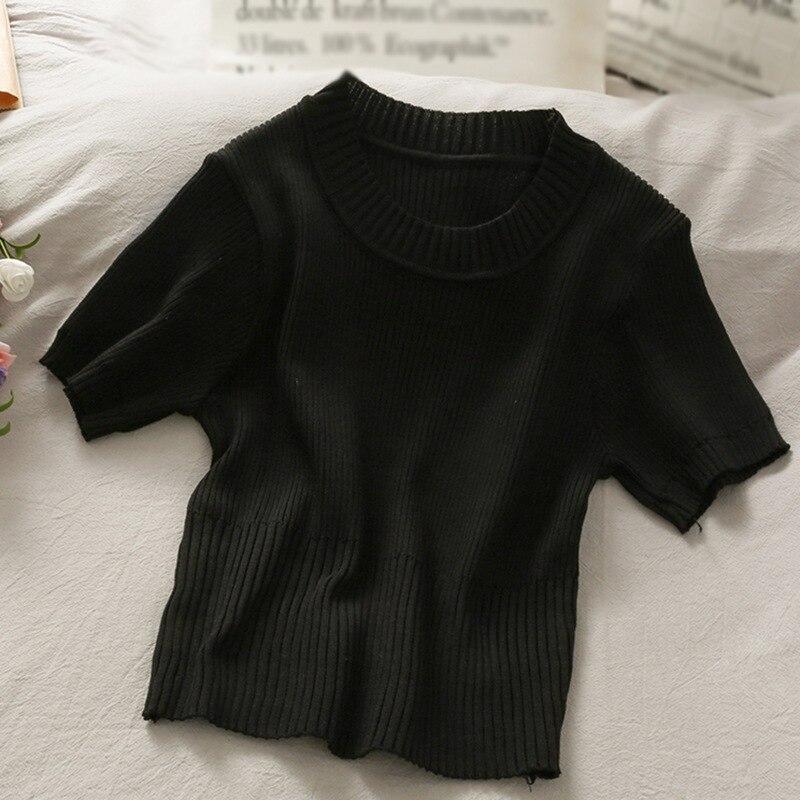 Women Girls Korean Pure Solid O-Neck Knitted Casual Cotton Slim Top Crop Short-Sleeve T-Shirt