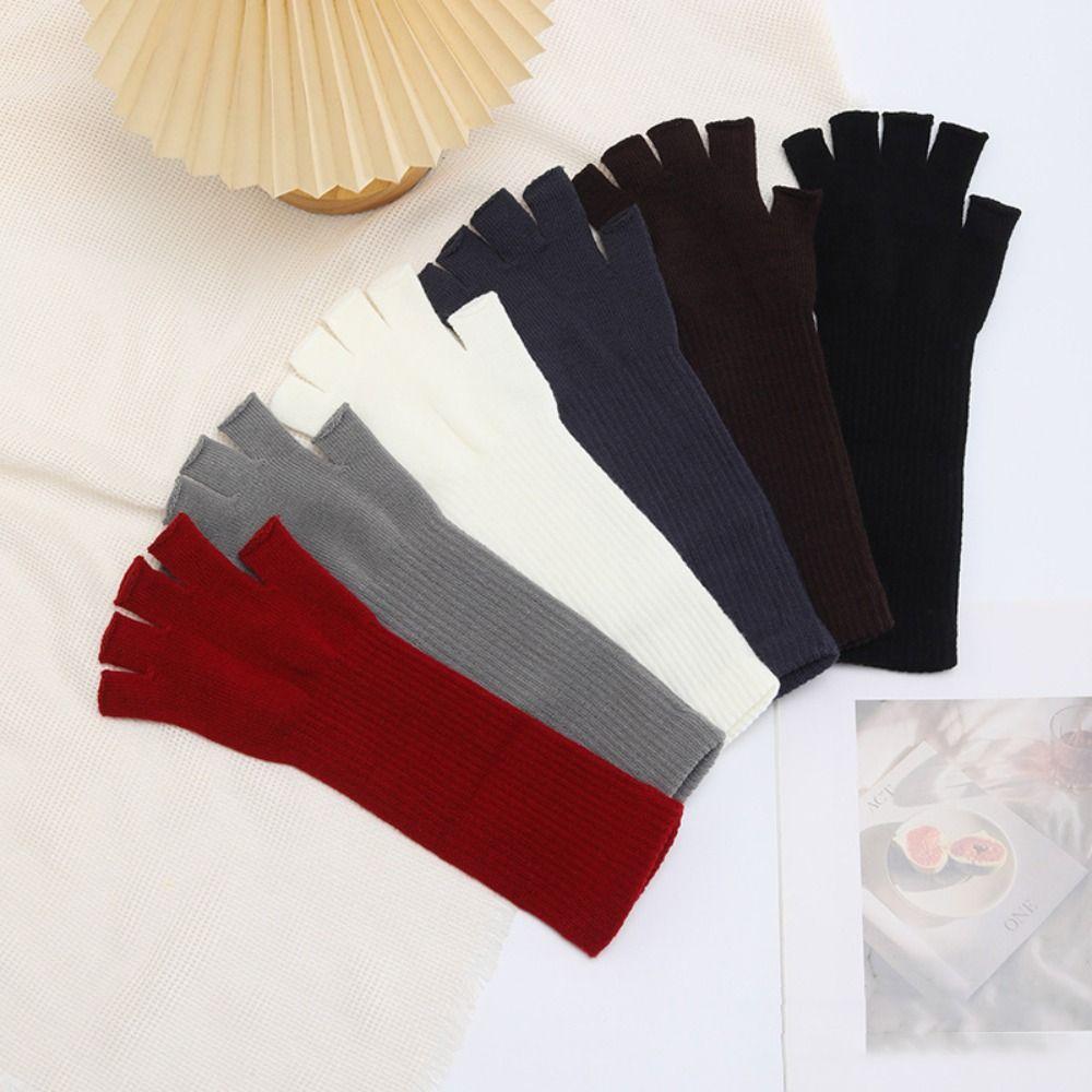 Перчатки с полупальцами чистого цвета, вязаные длинные перчатки для запястья, модные рабочие перчатки для женщин и девочек