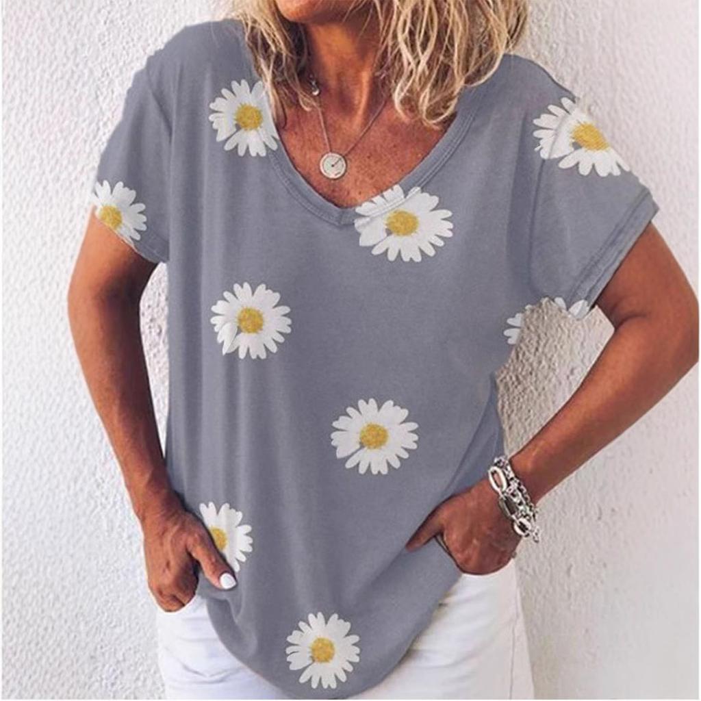 Vintage Women Floral Print T Shirt Short Sleeve V Neck Tops Comfortable T-shirts