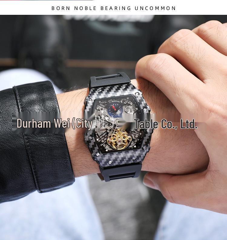 Мужские часы Durham Weida Tonneau Skeleton Tourbillon с автоподзаводом и резиновым ремешком.