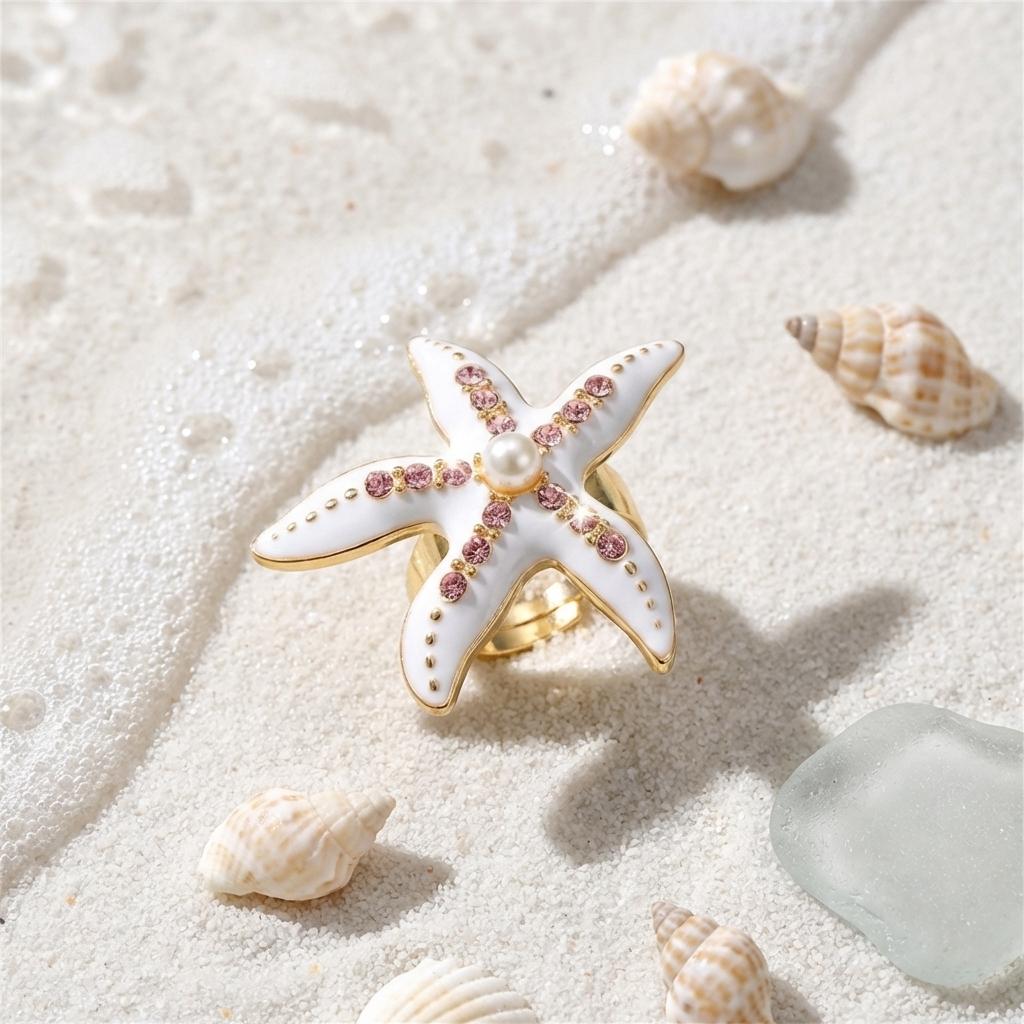 Mermaidcore White Enamel Starfish Ring for Women Pink Rhinestone Chunky Cocktail Ring Dopamine Summer Beach Jewelry Gift