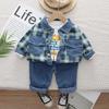 0-5 лет Костюмы для мальчиков Осень Новинка Детские джинсовые костюмы джинсовая рубашка в клетку куртка топ брюки повседневные костюмы для маленьких мальчиков комплекты из трех предметов