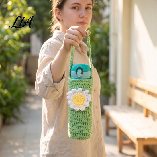 Soft Fabric Cup Wrap Hand Crocheted Cover, Portable Elastic Wool Knit Sleeve, Breathable Handmade Cozy Anti-Slip Protective Holder for Water