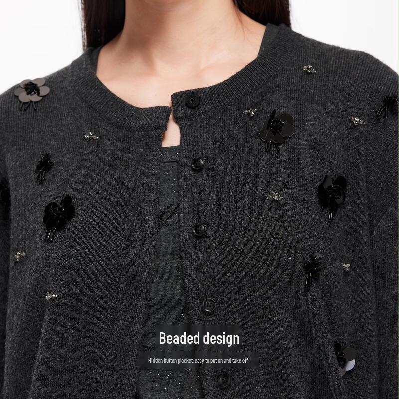 VEROMODA Beaded Round Neck Lamb Wool Blend Cardigan