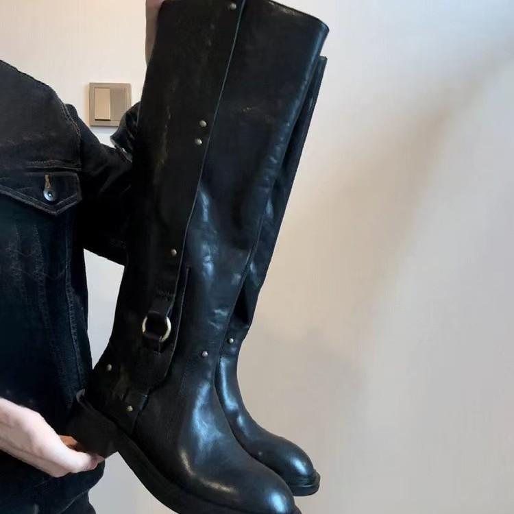 Версия из коровьей кожи~ Героические, но до колена женские рыцарские сапоги с круглым носком и толстым каблуком 2025 осень и зима ботинки Мартин