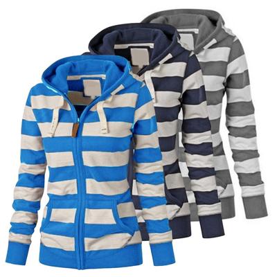 Пальто осень-зима с контрастным полосатым принтом, капюшоном, застежкой-молнией, длинными рукавами, эластичной резинкой