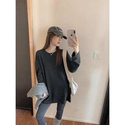 Осенне-зимняя утолщенная трикотажная футболка с длинными рукавами, женская, новая, с круглым вырезом, ленивый стиль, внутренняя часть средней длины