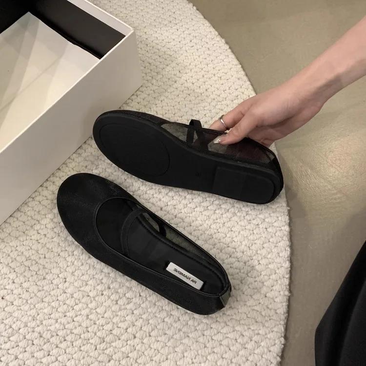 Fashion Designer Autumn Women Mesh Fabric Ballet Flat Shoes Fashion Shallow Elastic Band Ladies Comfort Soft Sole Mary Jane Shoes